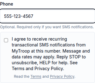 The MyTroop profile Phone field with the SMS consent checkbox unchecked, showing the full consent wording.